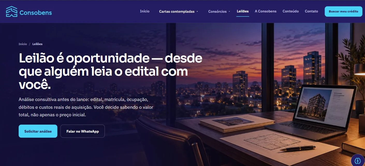 Página de análise consultiva de leilões da Consobens
